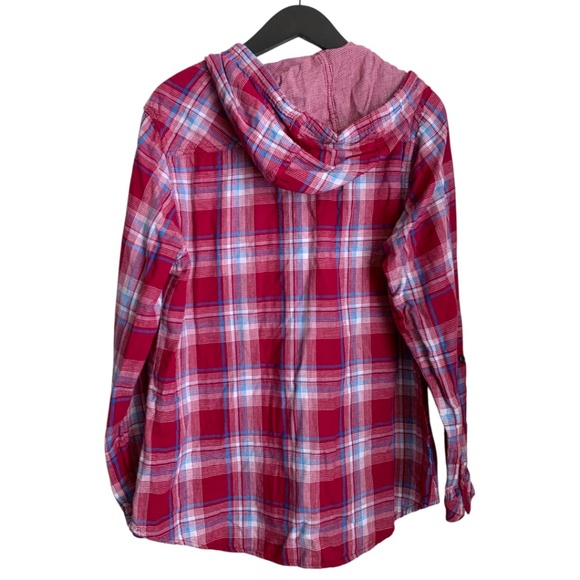 Boston Traders Women's Flannel Hoodie Size Large Button Down Red Blue Plaid - Picture 2 of 4